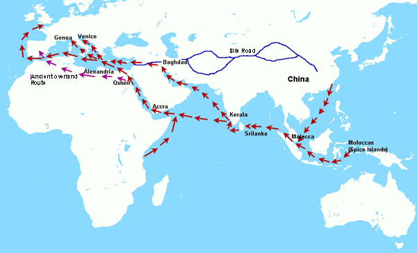 Mapa de rutas históricas de comercio entre Europa y Asia